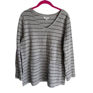 J.JILL Gray Black Striped V-Neck Long Sleeve Ladies Casual Top, L